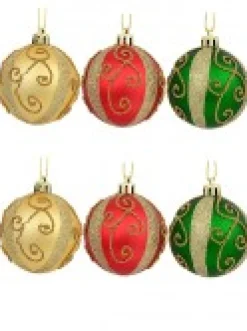 Cheap Christmas Warehouse Red, Green & Gold Baubles With Gold Filigree Pattern & Thick Stripe - 6 X 60Mm
