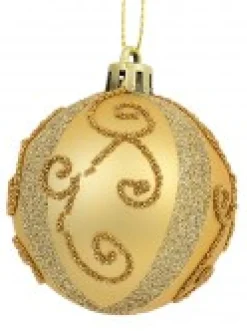 Cheap Christmas Warehouse Red, Green & Gold Baubles With Gold Filigree Pattern & Thick Stripe - 6 X 60Mm