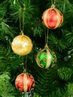 Cheap Christmas Warehouse Red, Green & Gold Baubles With Gold Filigree Pattern & Thick Stripe - 6 X 60Mm