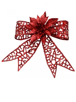 Clearance Christmas Warehouse Red Mesh Look Ribbon Bow & Poinsettia Christmas Decoration - 15Cm