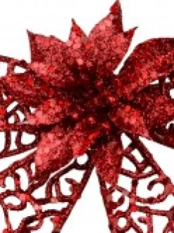 Clearance Christmas Warehouse Red Mesh Look Ribbon Bow & Poinsettia Christmas Decoration - 15Cm