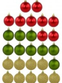 Discount Christmas Warehouse Red Metallic, Green Matte & Glittered Gold Christmas Baubles - 27 X 60Mm