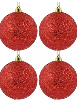 Best Christmas Warehouse Red Metallic Sequins & Glitter Coated Christmas Bauble Decorations - 4 X 80Mm