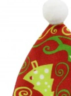 Best Christmas Warehouse Red Santa Hat With Green Print Christmas Tree Hanging Decoration - 12Cm
