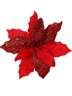 Cheap Christmas Warehouse Red Sequin & Fabric Petal Poinsettia Decorative Christmas Flower Pick - 15Cm