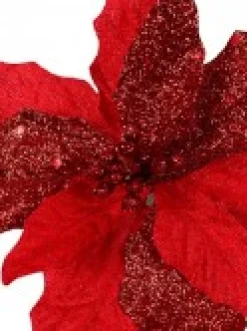 Cheap Christmas Warehouse Red Sequin & Fabric Petal Poinsettia Decorative Christmas Flower Pick - 15Cm
