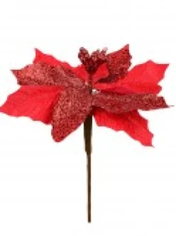 Cheap Christmas Warehouse Red Sequin & Fabric Petal Poinsettia Decorative Christmas Flower Pick - 15Cm