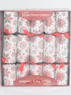 Store Christmas Warehouse Red Snowflakes Pattern On White Christmas Cracker Bon Bons - 10 X 36Cm