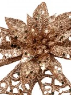 Best Christmas Warehouse Rose Gold Mesh Look Ribbon Bow & Poinsettia Christmas Decoration - 15Cm