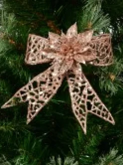 Best Christmas Warehouse Rose Gold Mesh Look Ribbon Bow & Poinsettia Christmas Decoration - 15Cm