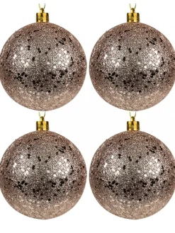 Sale Christmas Warehouse Rose Gold Metallic Sequins & Glitter Coated Christmas Baubles - 4 X 80Mm