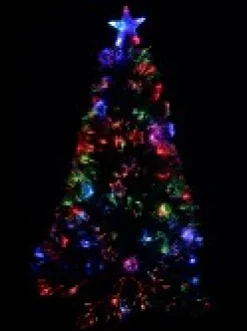 Outlet Christmas Warehouse Rotating Fibre Optic Christmas Tree With Baubles, Stars & 230 White Tips - 1.8M
