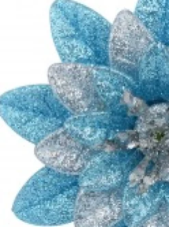 Best Christmas Warehouse Silver & Blue Glittered Lotus Flower Christmas Tree Hanging Decoration - 11Cm