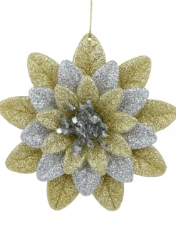 Hot Christmas Warehouse Silver & Gold Glittered Lotus Flower Christmas Tree Hanging Decoration - 11Cm