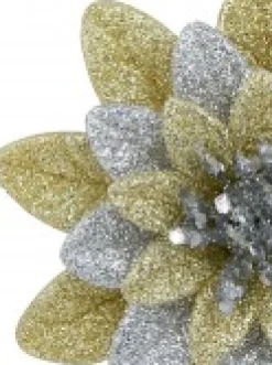Hot Christmas Warehouse Silver & Gold Glittered Lotus Flower Christmas Tree Hanging Decoration - 11Cm