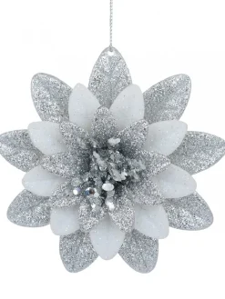 Clearance Christmas Warehouse Silver & White Glittered Lotus Flower Christmas Tree Hanging Decoration - 11Cm