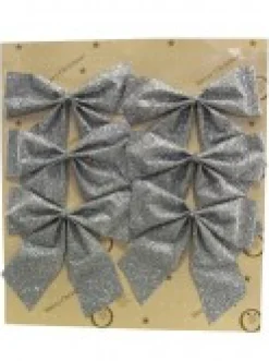 Cheap Christmas Warehouse Silver Glittered Christmas Tree Bow Decorations - 6 X 80Mm
