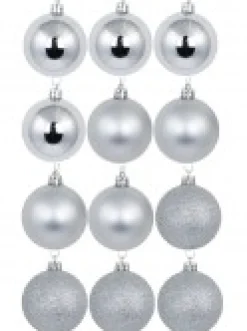 New Christmas Warehouse Silver Glittered, Matte & Metallic Christmas Bauble Decorations - 12 X 60Mm