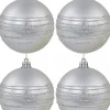 New Christmas Warehouse Silver Matte Baubles With Thick Shiny & Thin Glittered Stripes - 4 X 80Mm
