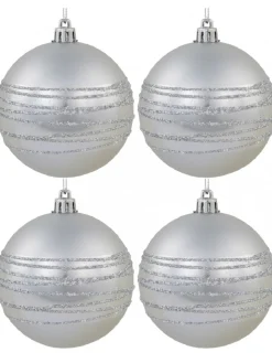 New Christmas Warehouse Silver Matte Baubles With Thick Shiny & Thin Glittered Stripes - 4 X 80Mm