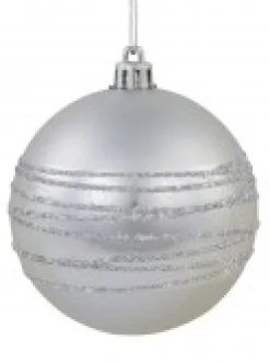 New Christmas Warehouse Silver Matte Baubles With Thick Shiny & Thin Glittered Stripes - 4 X 80Mm