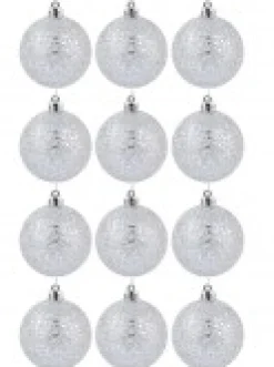 Fashion Christmas Warehouse Silver Metallic Sequins & Glitter Coated Christmas Baubles - 12 X 60Mm
