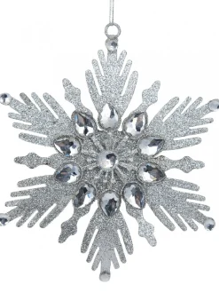 Online Christmas Warehouse Silver Snowflake With Acrylic Jewels Christmas Tree Hanging Decoration - 13Cm