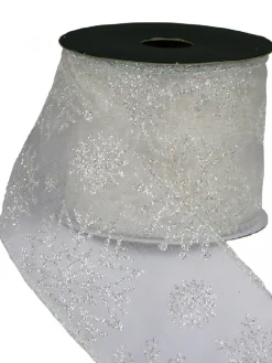 Best Christmas Warehouse Snowflake Pattern On Sheer White Christmas Ribbon With White Edging - 3M