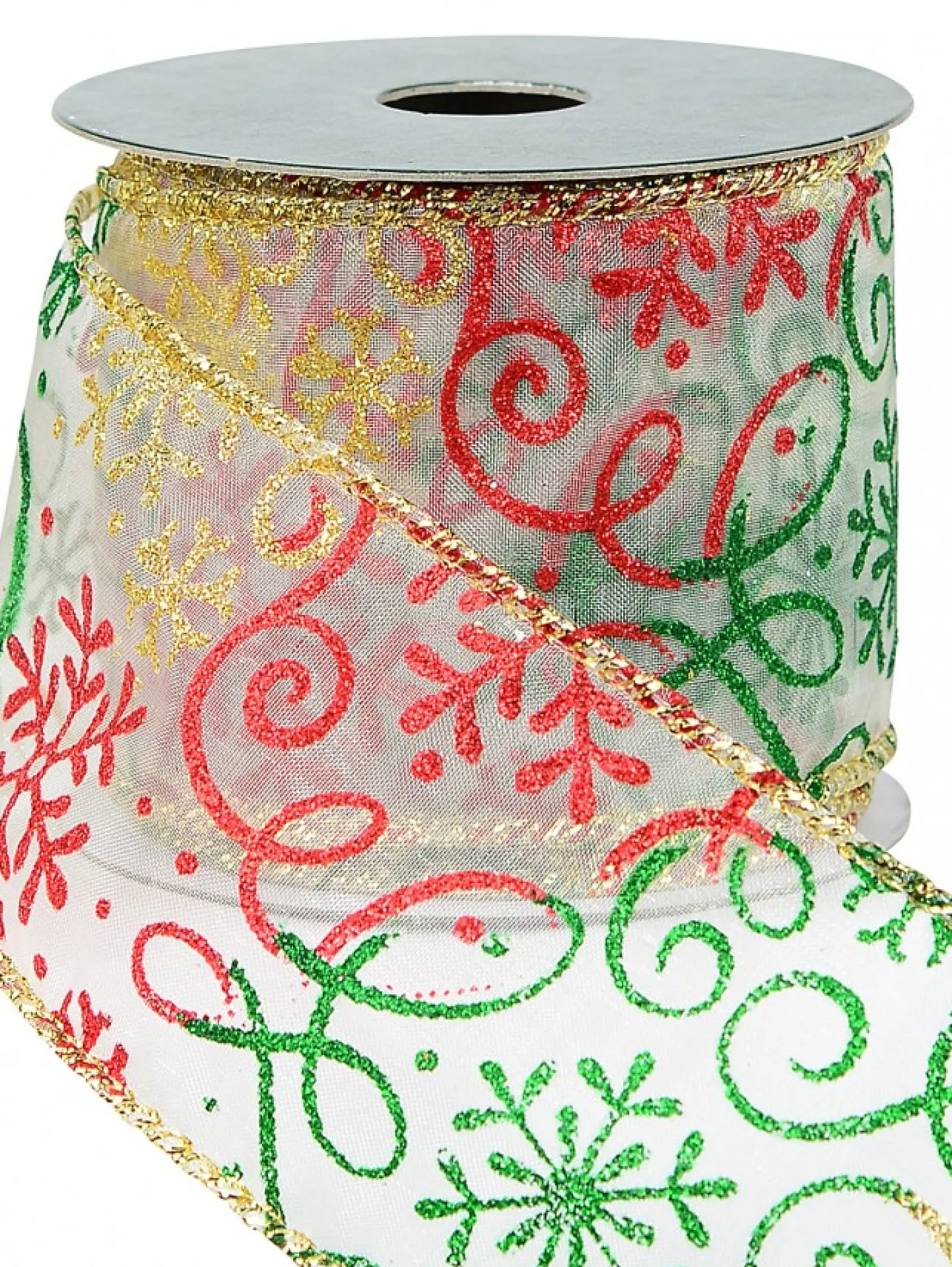 Online Christmas Warehouse Snowflakes & Swirl Patterns On Sheer Christmas Ribbon With Gold Edging - 3M