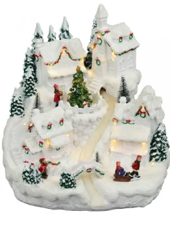 Flash Sale Christmas Warehouse Snowy Mountain Christmas Town Scene With Lights & Moving Figures - 30Cm
