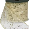 Cheap Christmas Warehouse Swirl Pattern Cream On Sheer Christmas Ribbon With Gold Glitter Edging - 3M