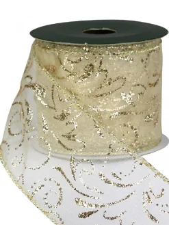 Cheap Christmas Warehouse Swirl Pattern Cream On Sheer Christmas Ribbon With Gold Glitter Edging - 3M