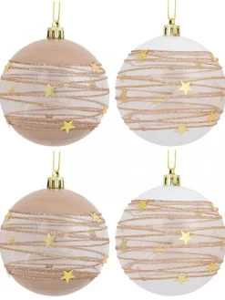 Clearance Christmas Warehouse Taupe, White & Clear Baubles With Gold Stars & Glitter Lines - 6 X 60Mm