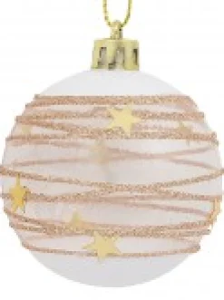 Clearance Christmas Warehouse Taupe, White & Clear Baubles With Gold Stars & Glitter Lines - 6 X 60Mm