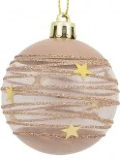 Clearance Christmas Warehouse Taupe, White & Clear Baubles With Gold Stars & Glitter Lines - 6 X 60Mm
