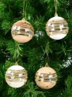 Clearance Christmas Warehouse Taupe, White & Clear Baubles With Gold Stars & Glitter Lines - 6 X 60Mm