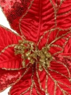 Cheap Christmas Warehouse Three Style Red & Gold Glitter Poinsettia Christmas Flower Pick - 28Cm