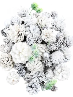 Sale Christmas Warehouse White Glittered Assorted Natural Pine Cones & Foliage Decoration Mix - 300G