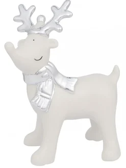 New Christmas Warehouse White Winter Reindeer With Scarf Ceramic Christmas Ornament - 14Cm