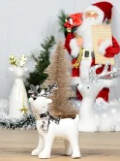 New Christmas Warehouse White Winter Reindeer With Scarf Ceramic Christmas Ornament - 14Cm