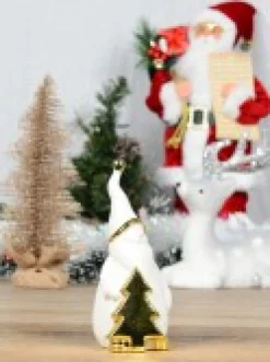 Flash Sale Christmas Warehouse White Winter Santa With Gold Tree Ceramic Christmas Ornament - 15Cm