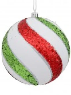 Cheap Christmas Warehouse White With Red, Green & Silver Glitter Swirl Pattern Large Baubles - 3 X 12Cm