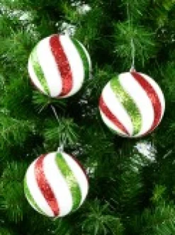 Cheap Christmas Warehouse White With Red, Green & Silver Glitter Swirl Pattern Large Baubles - 3 X 12Cm